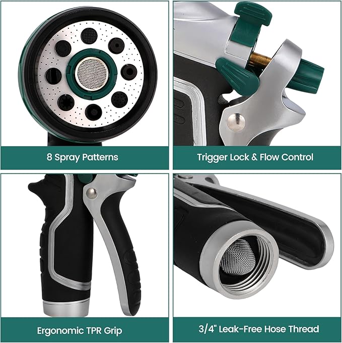 Garden Hose Nozzle, Heavy Duty Metal Water Hose Sprayer Nozzle with 8 Spray Patterns, High Pressure Handheld Nozzle with Flow Control for Lawn & Plant Watering, Car Washing – Forest Green