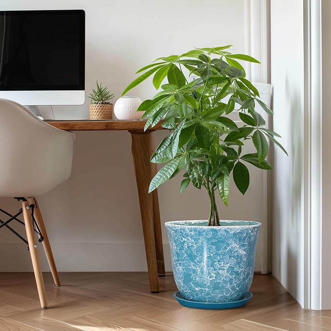 12 Inch Pots for Plants - Ceramic Planter with Drainage Hole and Saucer, Round Large Plant Pot for Indoor Outdoor, Modern Decorative Planters, Home Apartment Decor, House Warming Gift, Blue