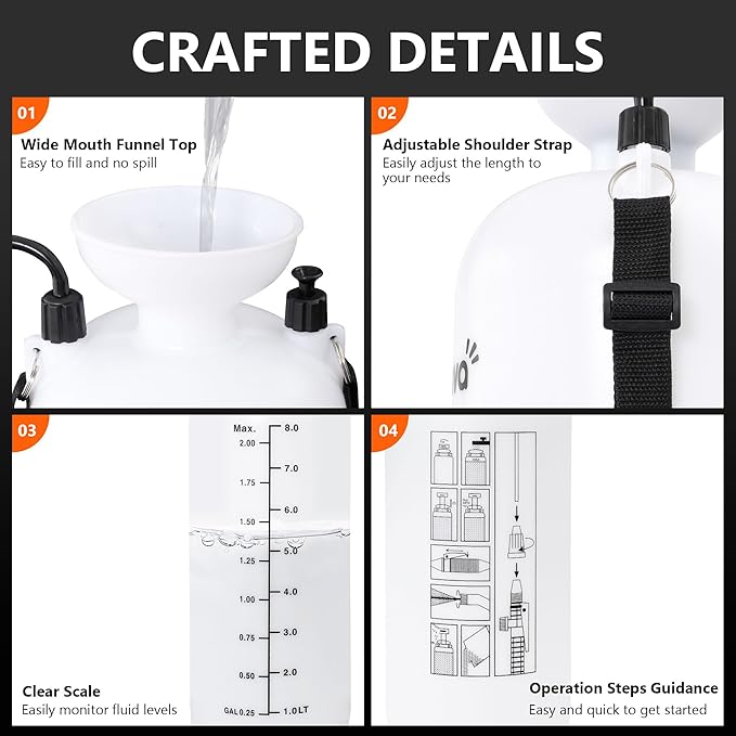 2.1 Gallon/8L Pump Sprayer, Pressurized Water Spray Bottle with 2 Nozzles, Adjustable Shoulder Strap & Safety Valve, Lawn and Garden Sprayer for Watering, Fertilizing, Cleaning