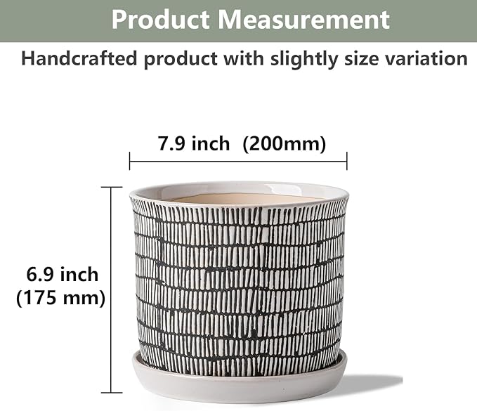 8 Inch Plant Pot: Ceramic Planter with Drainage Hole & Saucer for Indoor Outdoor Plants - Flowerpot with Bonded Tray for Home Office - Mixed Stripe Debossed