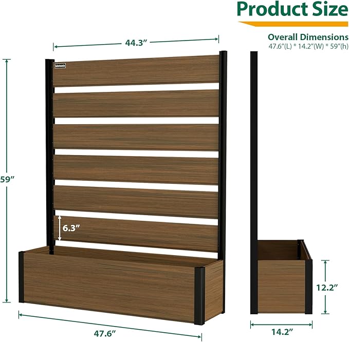 Vertical Screen Planter Bed - Raised Garden Box with Trellis for Climbing Plants, Durable Privacy Fence Planter for Outdoor, Patio, Deck Aluminum Frame, Brown