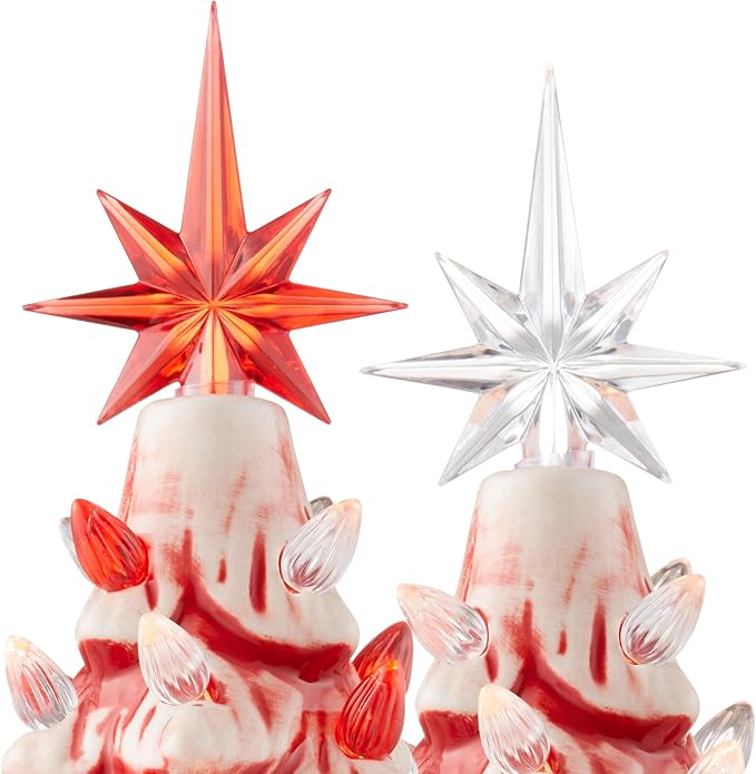 Casafield Hand Painted Ceramic Christmas Tree, Red and White Peppermint 12-Inch Pre-Lit Tree with 100 Multi Color Lights and 2 Star Toppers
