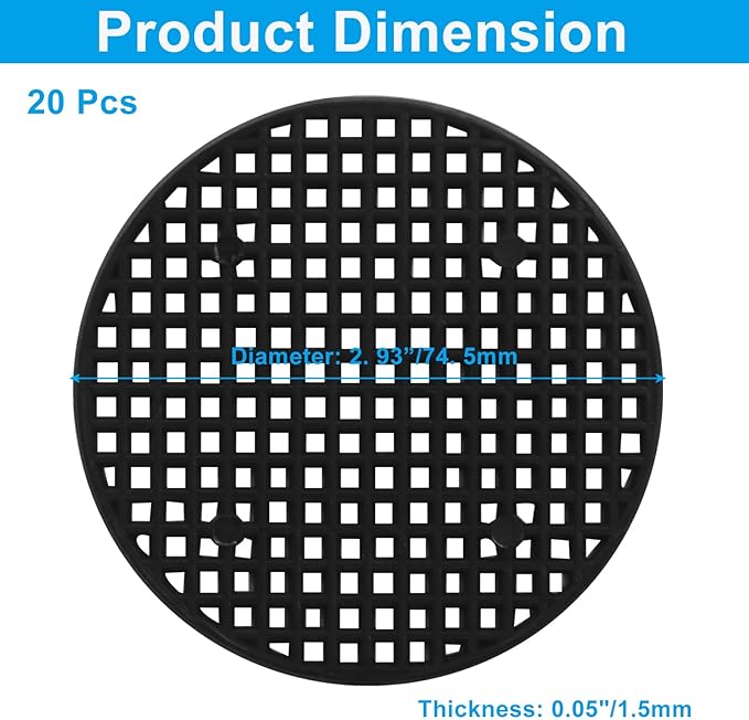 20pcs Plant Drainage Mesh Pads - 2.9 Inch Round Plastic Grid Mat, Breathable Soil Guard for Potted Plants, Bonsai (Black)