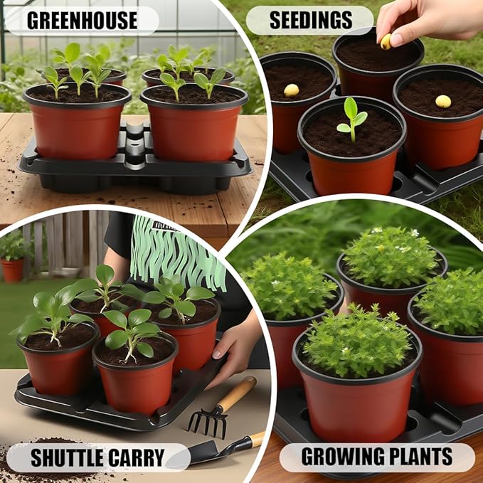 4 Cell Round Nursery Pot Trays for 5-6 Inch Pots, Thickened Sturdy Seedling Pot Shuttle Tray, Durable Nursery Pots Carrying Tray for Holding 5-6 inch Plastic Plant Pots (12.6" Square, 10-Pack)
