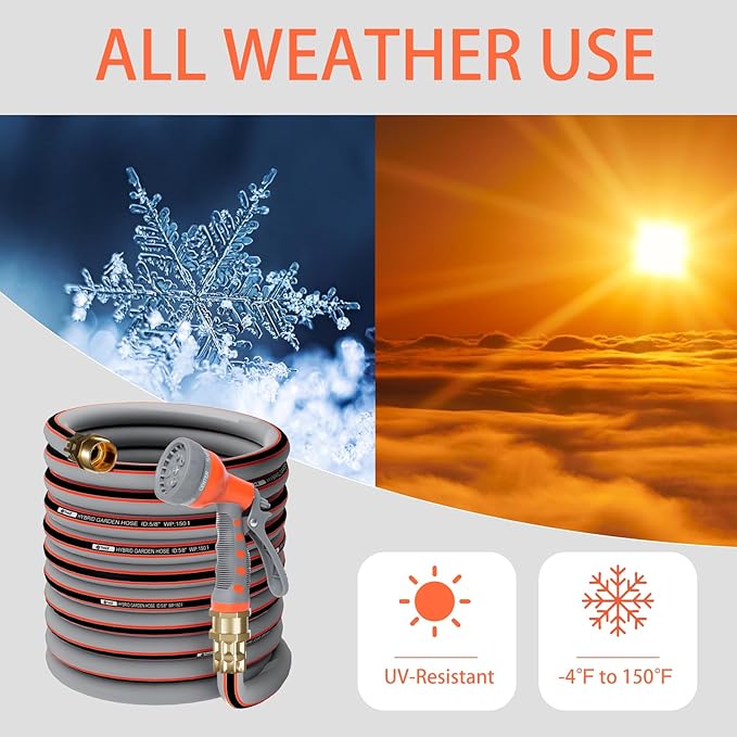 Garden Hose 100 ft 5/8, Rubber Water Hose Heavy Duty, Outdoor No Kink Hose, Hybrid Durable Hose for Yard Lawn with Sprayer Nozzle and 3/4'' Brass Solid Fittings