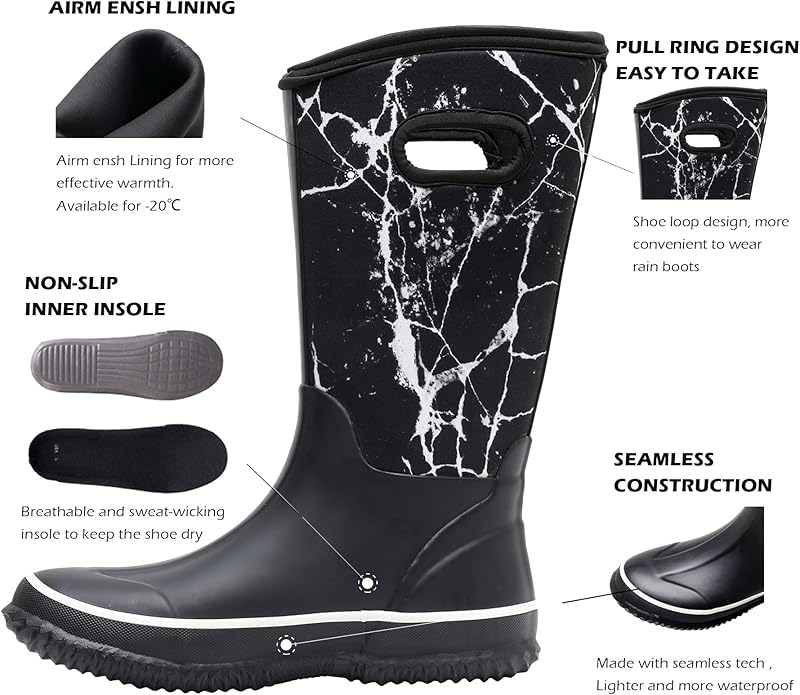 WTW Mid Calf Rain Boots for Women - Waterproof Insulated Neoprene Mud Boots Outdoor Hunting Garden Boots