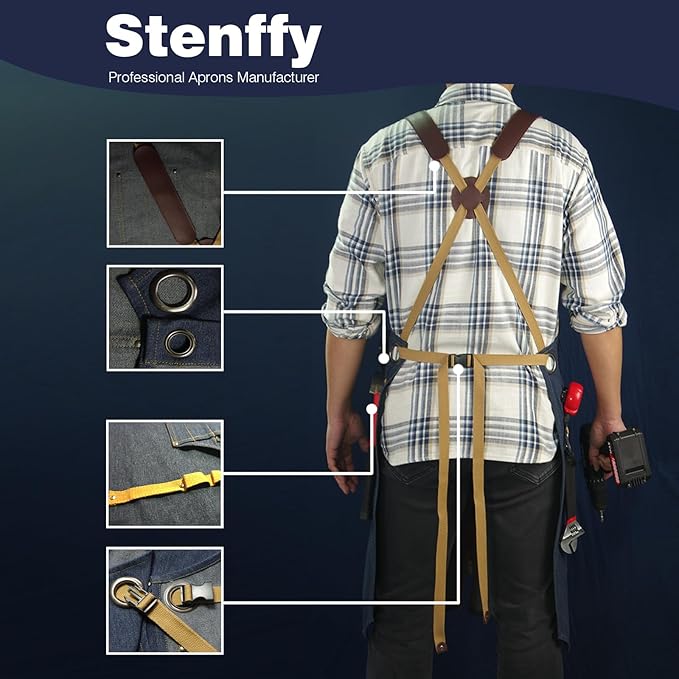 Woodworking Apron, Tool Apron, Canvas, Multiple Pockets, Adjustable Zipper, Metal Ring, Tape Measure Clip, Plus Size, Denim.