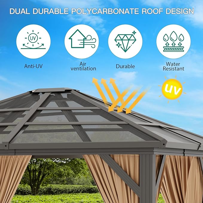 10X12 FT Outdoor Polycarbonate Hardtop Gazebo, Outdoor Gazebo with Mesh Nettings and Sunshade Curtains, Aluminium Frame Gazebo for Terrace, Courtyards, Lawn and Deck