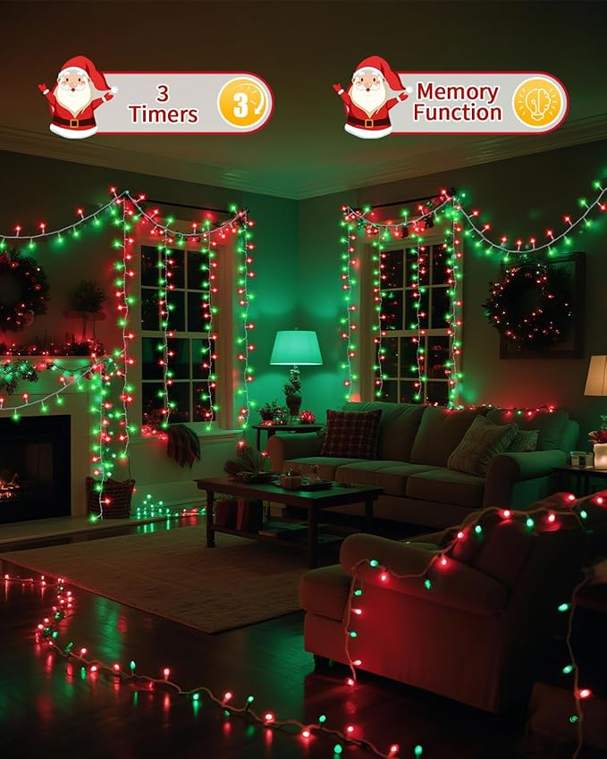 1200 LED 403FT Christmas Lights String Outdoor Indoor, Red Green Xmas Tree Lights, Plug in Twinkle Fairy Light with Remote Timer Dimmable for Room Yard Holiday Party Wedding Camping Decor