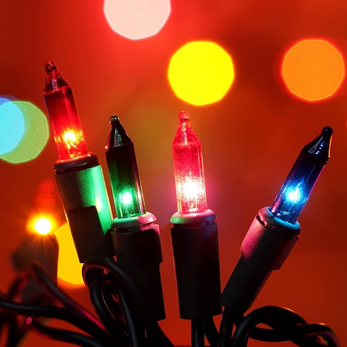 YULETIME 200 Multicolor Christmas Lights, Pack of 2 Strands of 21 ft 100 Count UL Certified Incandescent Mini String Light (Multicolor - Green Wire)