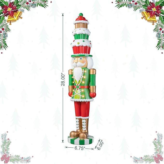 Glitzhome 28''H Lighted Resin Christmas Nutcracker with Cupcake Hat Porch Decor with Timer, Xmas Winter Patio Front Porch Indoor Outdoor Home Standing Decor