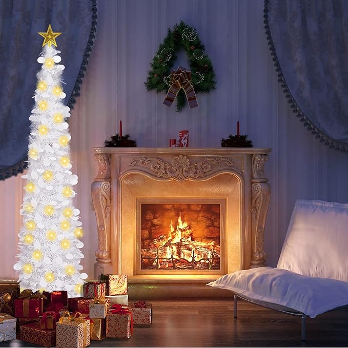 HMASYO 5 FT Pop Up Christmas Tree with Timer Lights, White Christmas Tinsel Tree, Collapsible Artificial Pencil Christmas Tree for Indoor Home Apartment Porch Holiday Party Decorations