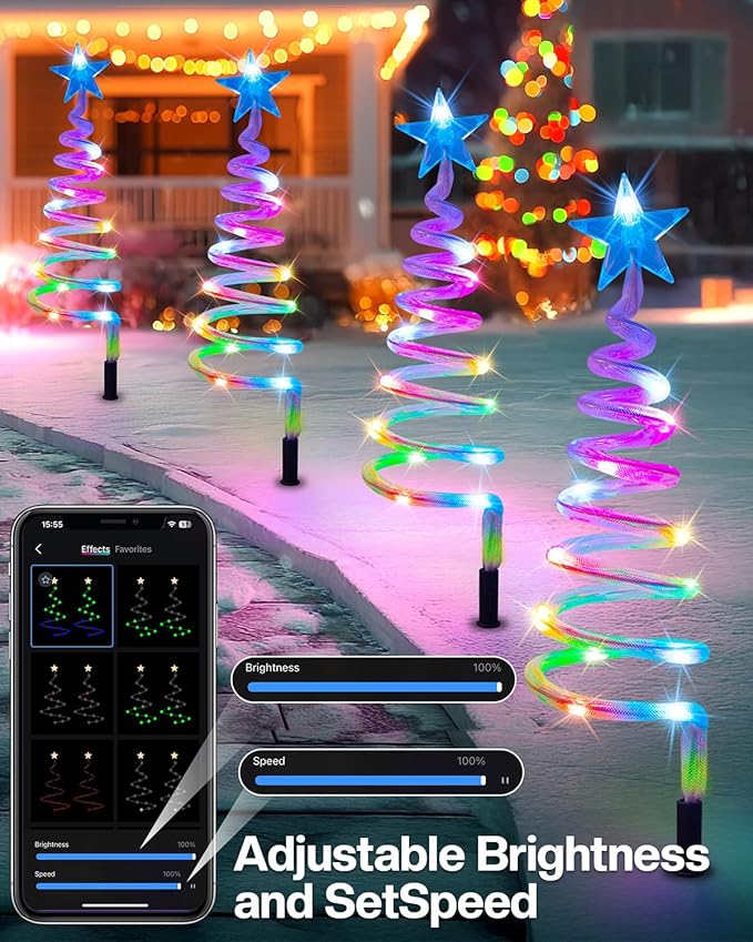 8 Pack Smart Christmas Pathway Lights Outdoor APP Control, Multicolor Connectable Spiral Tree Lights with RGB DIY, Music, Timer, Waterproof LED Christmas Outdoor Decorations for Pathway, Yard,Walkway