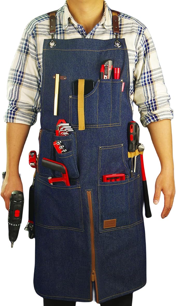 Woodworking Apron, Tool Apron, Canvas, Multiple Pockets, Adjustable Zipper, Metal Ring, Tape Measure Clip, Plus Size, Denim.