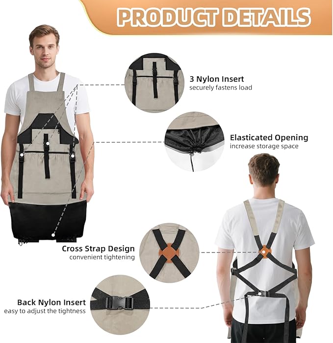 Gardening Apron with Pockets for Women/Man, Canvas Apron with Waterproof Harvest Pouch and Adjustable Straps