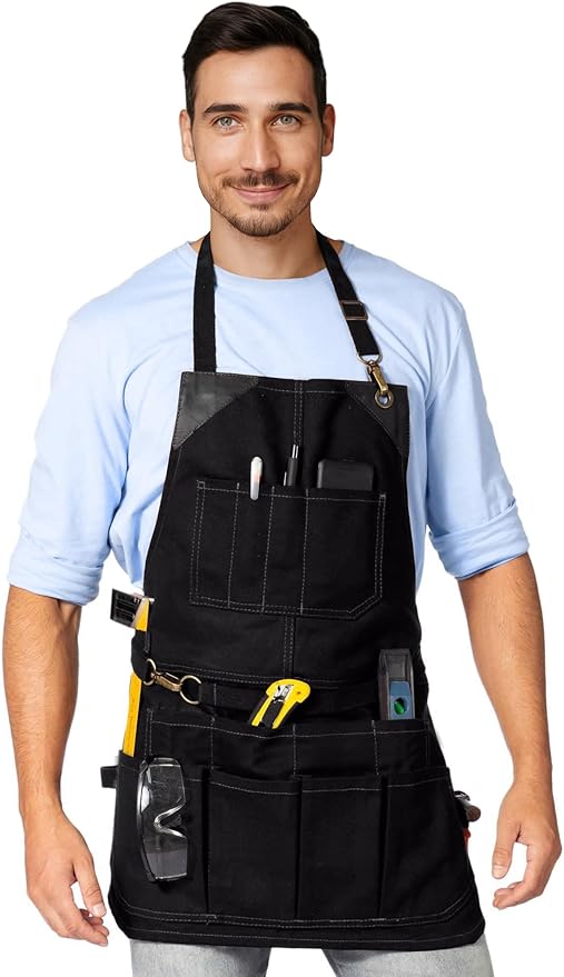Under NY Sky Tool Black Apron – Heavy-Duty Waxed Canvas, Leather Reinforcement, Extra Pockets – Adjustable for Men and Women – Pro Mechanic, Woodworker, Blacksmith, Plumber, Electrician, Welder Aprons