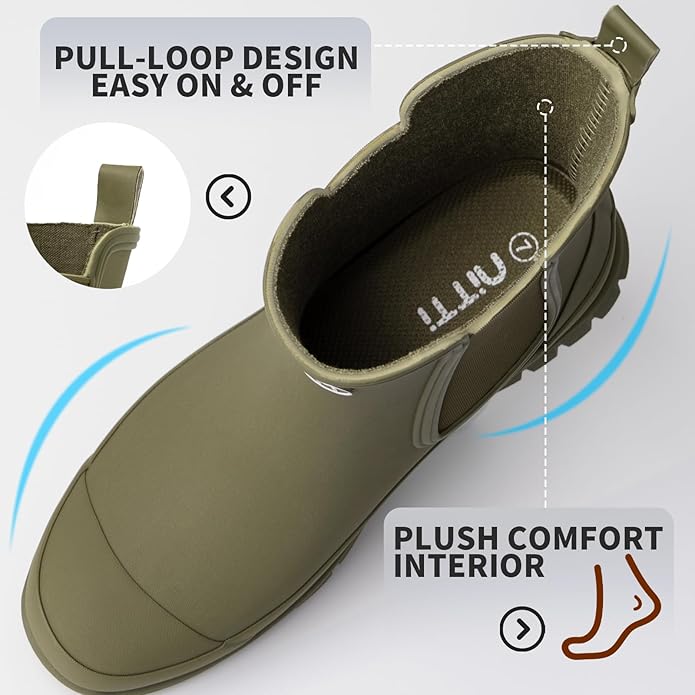 NITTI Women's Waterproof Short Rain Boots Slip-Resistant Rubber Chelsea Garden Shoes with Comfort Insole