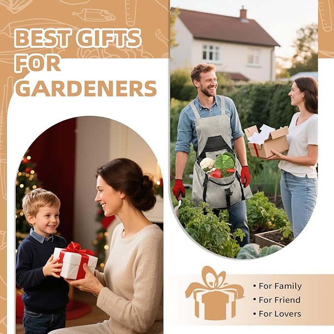 Gardening Apron with Pockets for Women/Man, Canvas Apron with Waterproof Harvest Pouch and Adjustable Straps