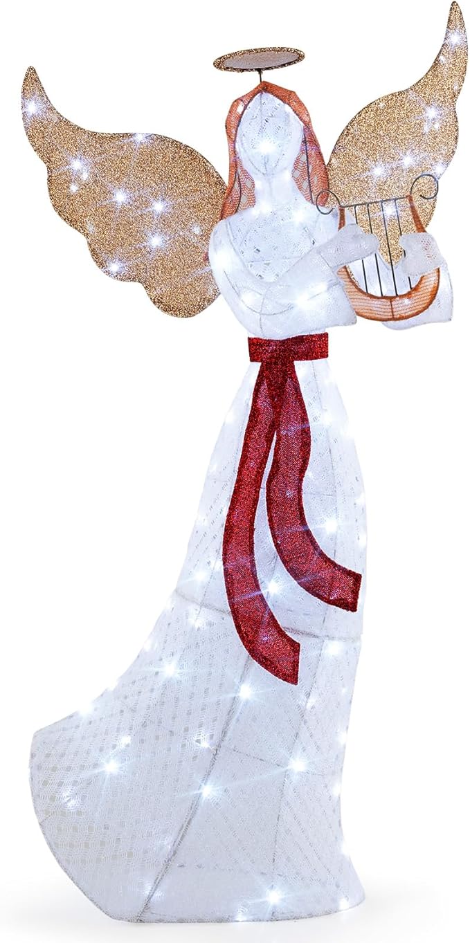 Tangkula 5 FT Outdoor Christmas Lighted Angel, Xmas Yard Pre-Lit Angel with Harp, Halo & 120 Cold White LED Lights, Ground Stakes & Zip Ties Included, Winged Holiday Figure for Indoor & Outdoor
