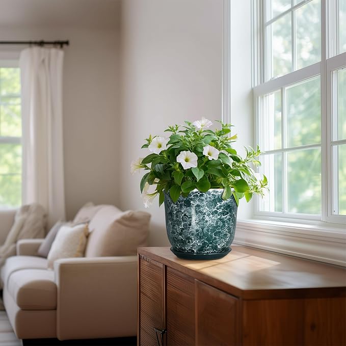 8 Inch Plant Pot - Ceramic Planter with Drainage Hole and Saucer, Round Planter for Indoor Outdoor, Modern Planters, Decorative Flower Pots, Office Room Home Decor, Plant Lover Gifts, Green