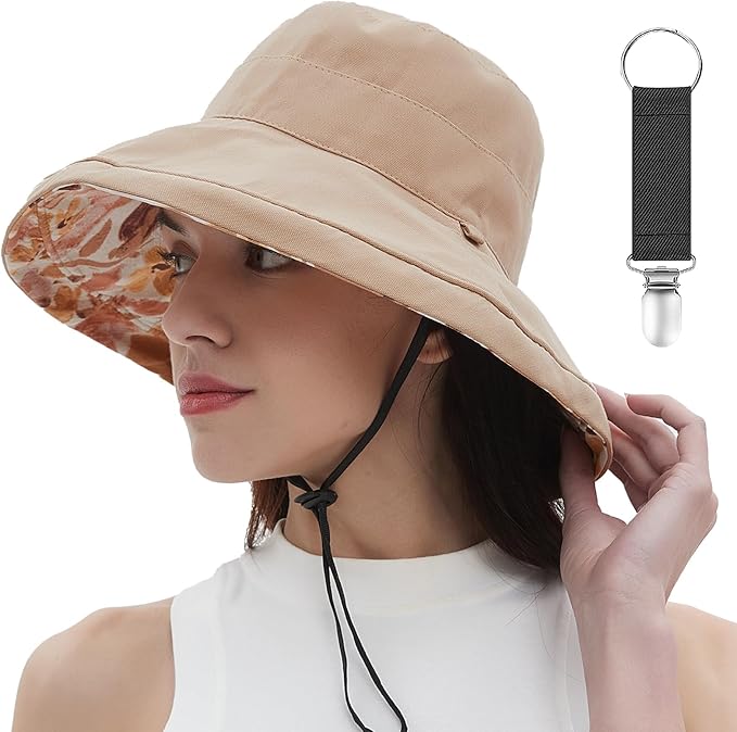 vidsel Womens Sun Hats Wide Brim Reversible Bucket Cotton Hat Packable Summer Travel Cap with Hat Clip,UV Protection