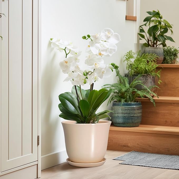 Ceramic Planter - 10 Inch Plant Pot for Indoor Outdoor, Round Flower Pots with Drainage Hole and Saucer, Large Plant Pot, Modern Planters, Home Office Room Decor, Gardening Gifts, Beige