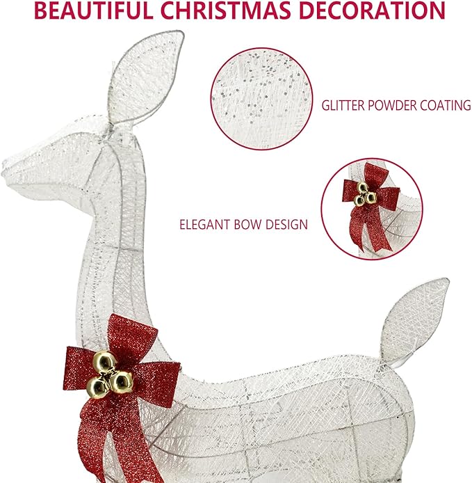 Lighted Reindeer Christmas Outdoor Yard Decorations, 4ft 3-Piece Reindeer Family Set with 240 LEDs, Ground Stakes, Durable Weatherproof Metal Frame for Home, Garden, Indoor Holiday Decor, White