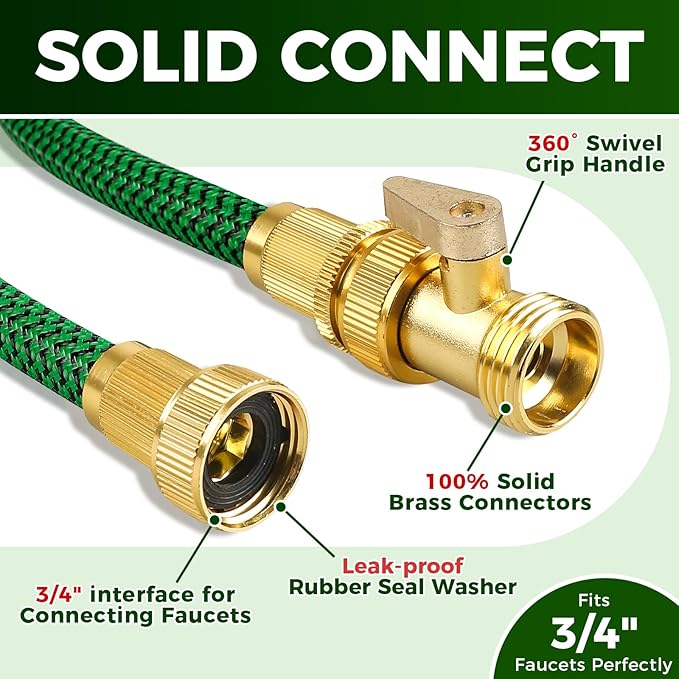 Upgraded Garden Hose 50ft, Non-Expandable Hose, Heavy Duty Kink-Resistant Flexible Water Hose with High-Density Fabric,LeakProof Hose Metal Shut-Off Valve Connector for Patio, Car Wash. (50FT)