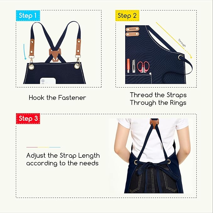 MEEDEN Painting Apron for Men Women: Adjustable Cross Back Waterproof Polyester Canvas Art Apron with 3 Pockets - Artist Apron for Acrylic Oil & Watercolor Painting, Gardening, Cooking - Navy