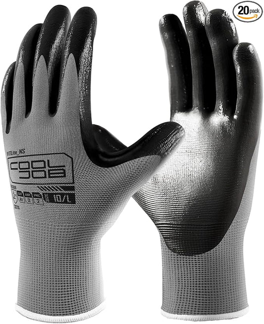 COOLJOB 20 Pairs Nitrile Dipped Safety Work Gloves with Grip, Non-slip Rubber Coated Bulk Garden Gloves for Men, Heavy-duty Oil Resistant for Truck Driver, Warehouse Box Handler, Large, Gray