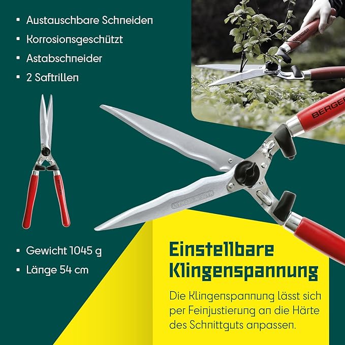 BERGER Professional Hedge Shear, Self-Sharpening 9.45" Steel Blades, Chrome-Plated Wavy Blades, 2 Sap Grooves to Prevent Sticking, Wood Handles, 4590