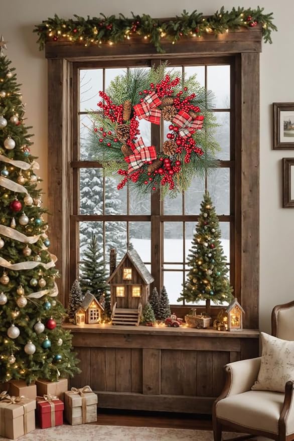 20 Inch Artificial Christmas Wreath with Red Berries, Pine Cones, Cedar Pine Needles, Bow Ties - Indoor/Outdoor Decoration for Front Door
