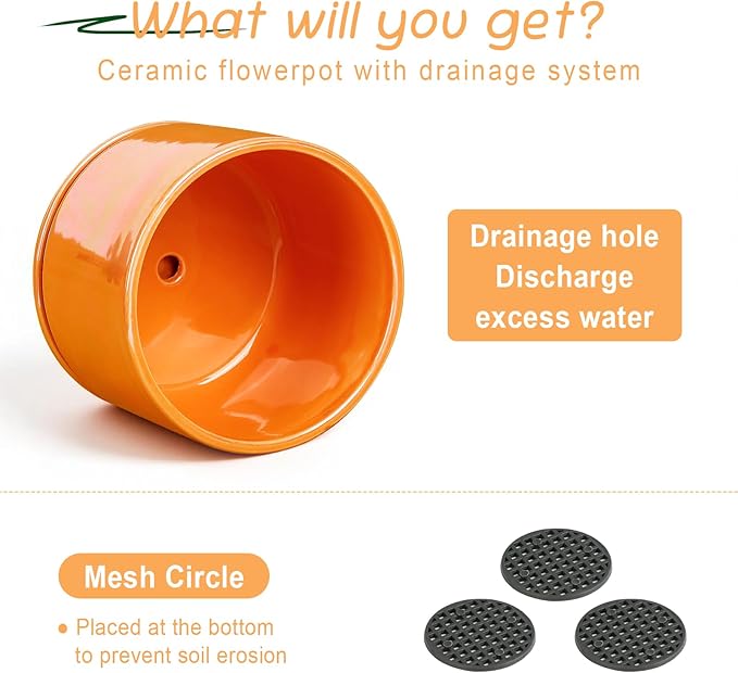EFISPSS Ceramic Plant Pots,4+5+6 Inch Ceramic Indoor Pots for Plants with Drainage Hole,for Succulent Cactus,Pothos,Snake Plant Gift for Plant Lovers Set of 3 - Orange Pearl Glaze Plant Pots