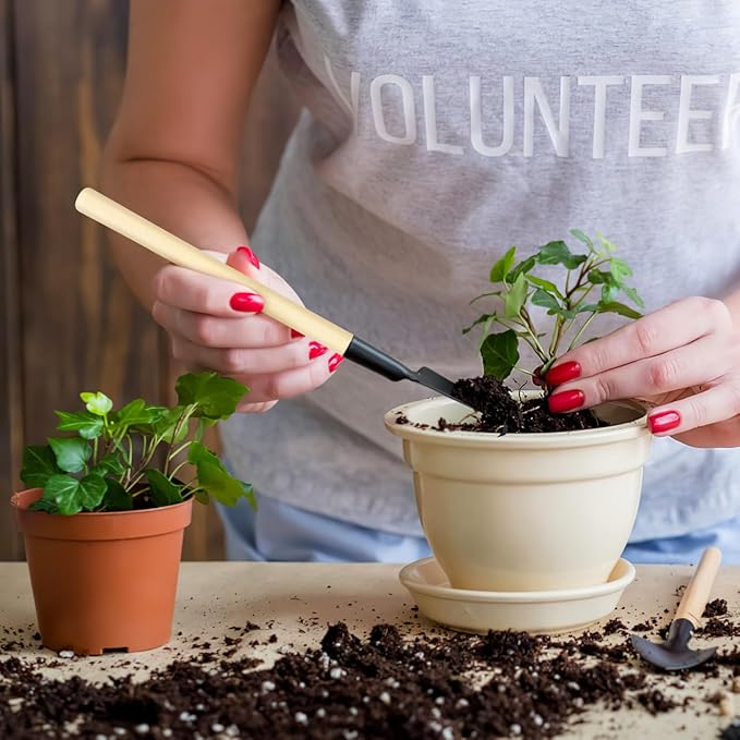 CLISPEED 6pcs Mini Gardening Tools: Hand Rake Trowel and Shovel with Wooden Handles for Bonsai Planting - Gardending Hand Tools Kit for Seedling Soil Caring Succulent