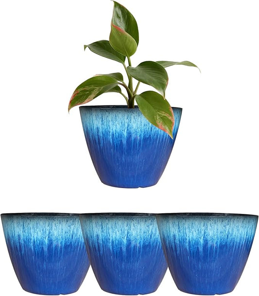 8 inch Plant Pots with Drainage Holes, Pack of 4 Plastic Flower Pots Indoor, Modern Glossy Finishing Planter for Indoor Outdoor Plants (Blue Glaze, 4 Pack)