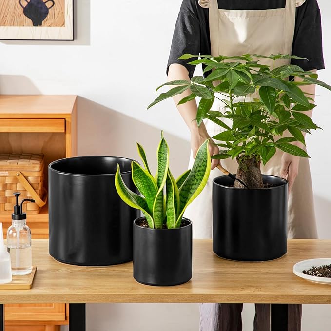 vancasso 6"+8"+10" Ceramic Pot for Plants, Large Outdoor Indoor Planter Pots with Drainage Holes, Set of 3, Black