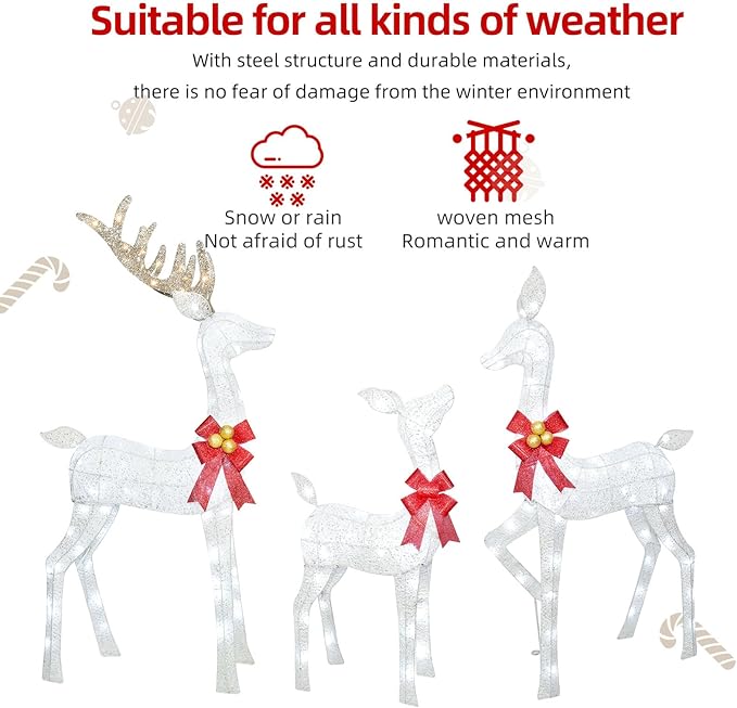 Lighted Christmas Decoration Deer 3 Piece, Light up Christmas Decor Reindeer Family Set for Indoor Outdoor Front Yard Porch with LED Lights, Plug, Ground Stakes - White