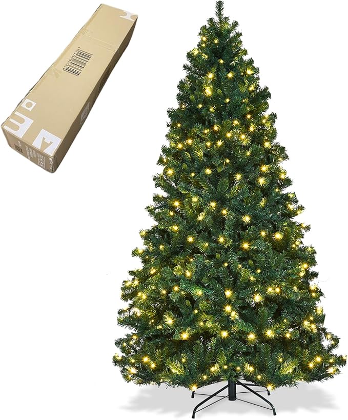 ERGOMASTER 7.5FT Pre-lit Artificial Christmas Tree with Lights, Fake Green Xmas Tree with 1346 Hinged Branch Tips, 400 LED Warm White Incandescent Lights & Foldable Metal Stand for Holiday Home Party