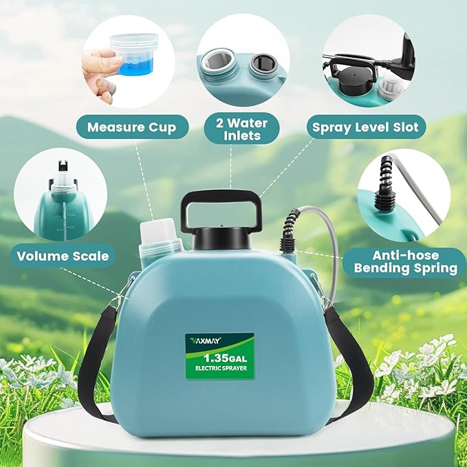 Battery Powered Sprayer 1.35 Gallon, 2025 Electric Garden Sprayer with 3 Adjustable Speeds, 4 Mist Nozzles, Rechargeable Handle, Retractable Wand with Adjustable Shoulder Strap for Weed Lawn