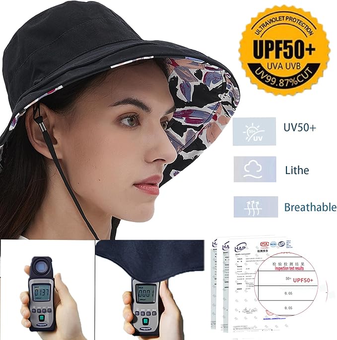 vidsel Womens Sun Hats Wide Brim Reversible Bucket Cotton Hat Packable Summer Travel Cap with Hat Clip,UV Protection