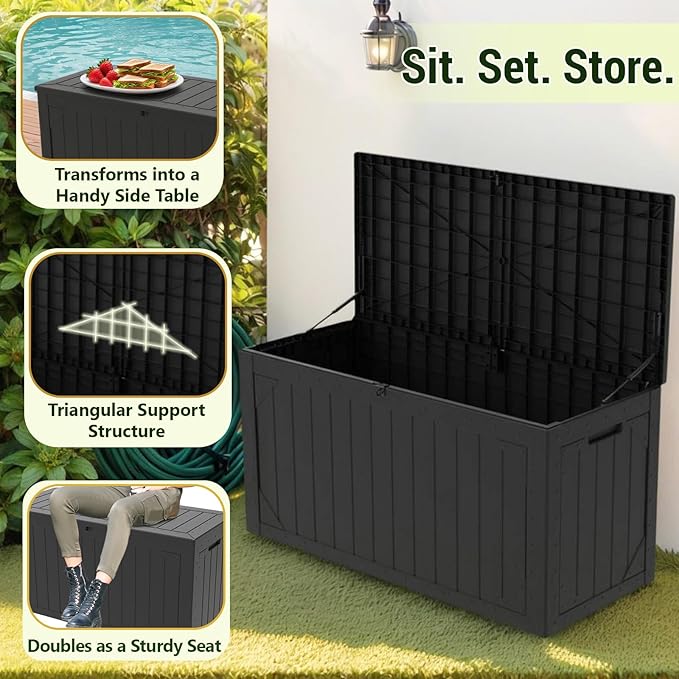Outdoor Storage Box, 100 Gallon Deck Box Outdoor Storage Bench Outside Waterproof Resin Storage Bench, Lockable Patio Cushions, Garden Tools Storage For Furniture, UV Resistant(Black)