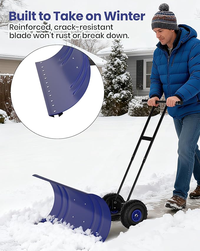 29" Snow Pusher Shovel with Wheels, Adjustable Ergonomic T-Handle Snow Plow for Driveway, Heavy Duty Wheeled Rolling Shovels for Driveway and Sidewalks with Angeled Blade