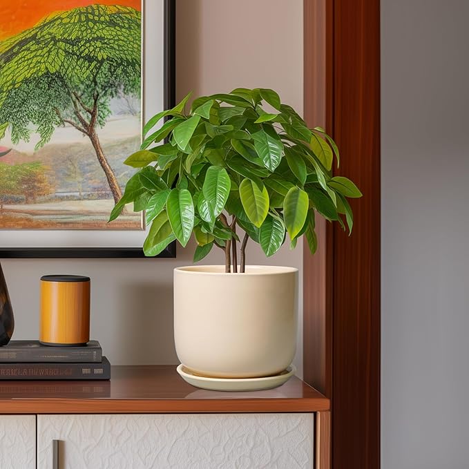 Ceramic Planter - Round Modern 8 Inch Plant Pot with Drainage Hole and Saucer for Flowers Herb, Home House Office Room Apartment Decor, Yellow