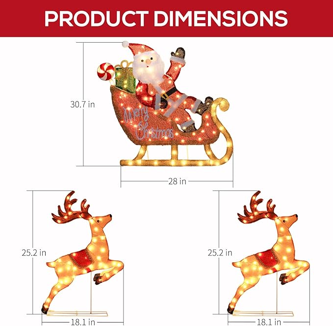 Hykolity 2.5D Santa Sleigh Ride Iron Outdoor Christmas Decoration, 170 Warm White LEDs with UL Transformer, Stained-Glass Fabric Figures Yard Decor