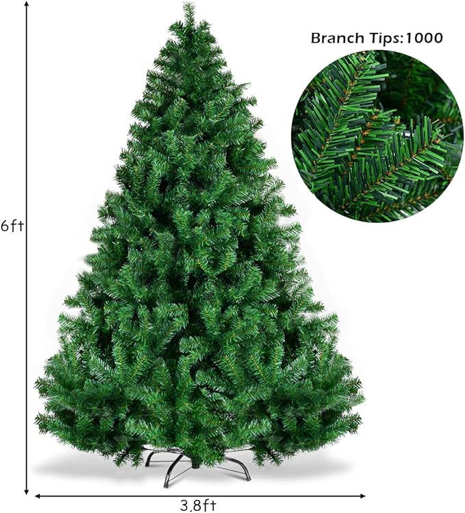 Goplus 6ft Artificial Christmas Tree, Premium Unlit Hinged Spruce Full Tree with 1000 Branch Tips, Metal Stand, Hinged Structure, Easy Assembly Festival Celebration Xmas Tree for Home, Office, Party
