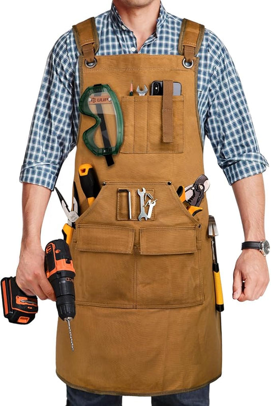 Woodworking Apron for Men, Shop Apron 20 oz Canvas Work Apron with 9 Tool Pockets, Heavy Duty Wood Working Workshop Bib Apron for Carpenter Woodworker Blacksmith, Men Gift, Adjustable to S- 3XL, Khaki