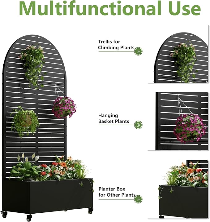 Casaphoria Metal Raised Garden Bed with Trellis and Wheels, 72"x35"x16" Arched Planter Box for Climbing Plants, Vegetables & Vines, Features Drainage Holes and Privacy Screen (Black-Louvered)