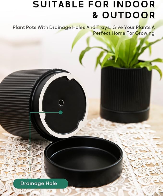 LaDoVita 3 Pack Ceramic Plant Pots 6/5/4 inch, Flowerpot for Indoor Plants with Drainage Holes and Tray, Outdoor Garden Planters, Modern Decorative for Home, Black Vertical Stripes