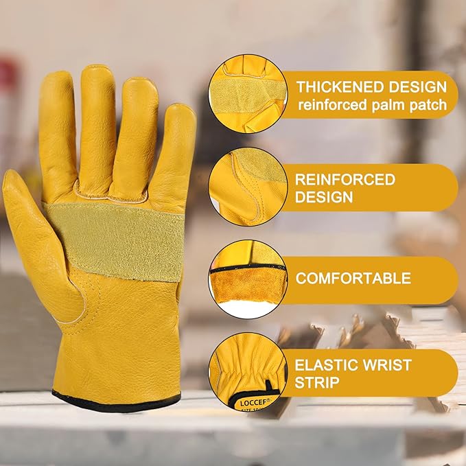 LOCCEF 2 Pairs Leather Work Gloves for Men and Women,Cowhide Leather Gloves Utility Working Gloves