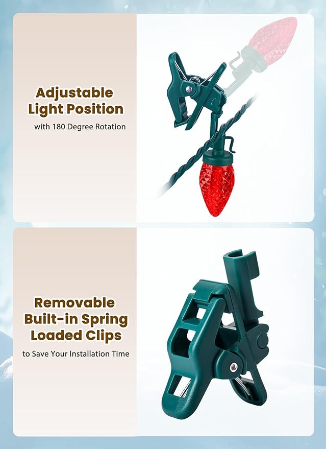 C9 LED Christmas Lights Outdoor, 66 Feet 100 LED C9 String Light with 100 Spring Clips, Waterproof Connectable Christmas Tree Lights for Outside Roofline Patio Home Xmas Decor, Red & Warm White